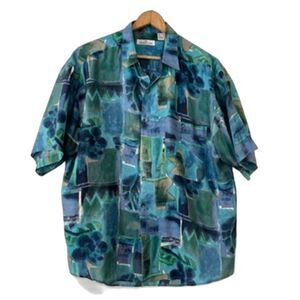 Peter et Jon Vintage Blue Silk Hawaiian Shirt Short Sleeves Large Button Front